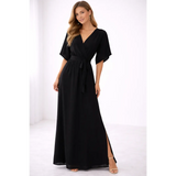 Elegant Black Wrap Maxi Dress – Short Sleeve Tie Waist Flowing Gown - Women’s Dress
