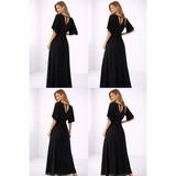 Elegant Black Wrap Maxi Dress – Short Sleeve Tie Waist Flowing Gown - Women’s Dress