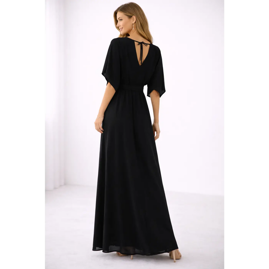 Elegant Black Wrap Maxi Dress – Short Sleeve Tie Waist Flowing Gown - Women’s Dress