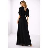 Elegant Black Wrap Maxi Dress – Short Sleeve Tie Waist Flowing Gown - Women’s Dress