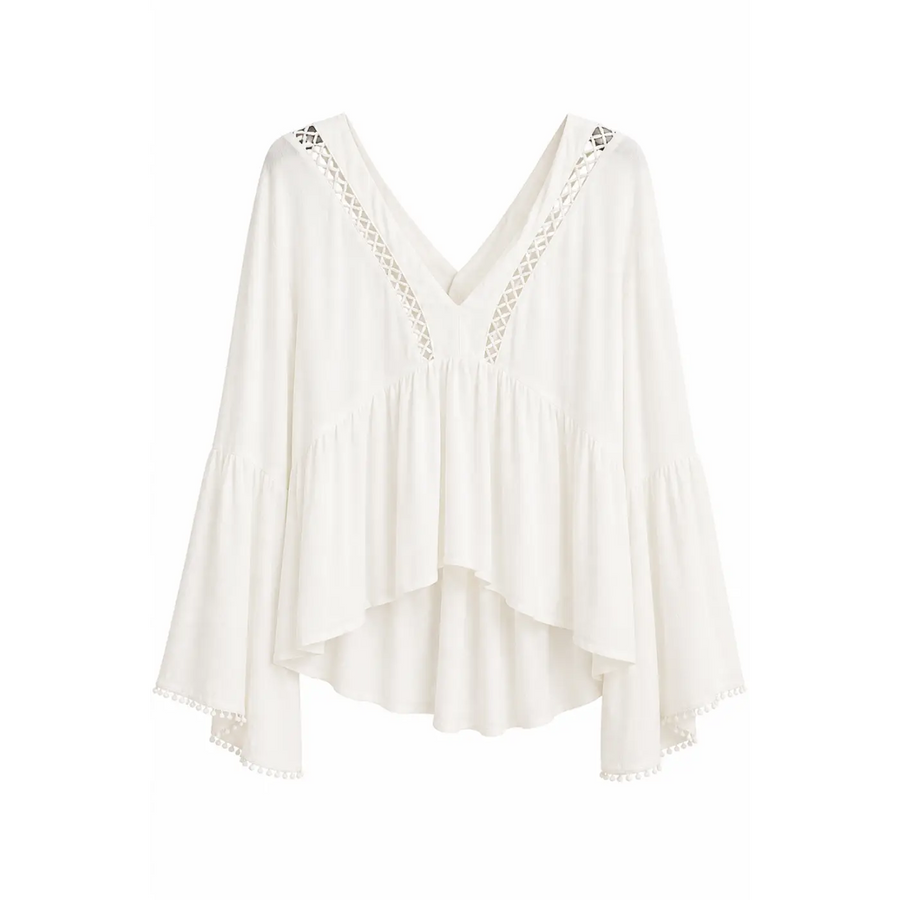 Elegant Boho White Lace Trim Blouse & Wide-Leg Pants Set