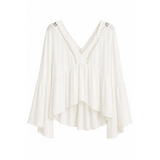 Elegant Boho White Lace Trim Blouse & Wide-Leg Pants Set
