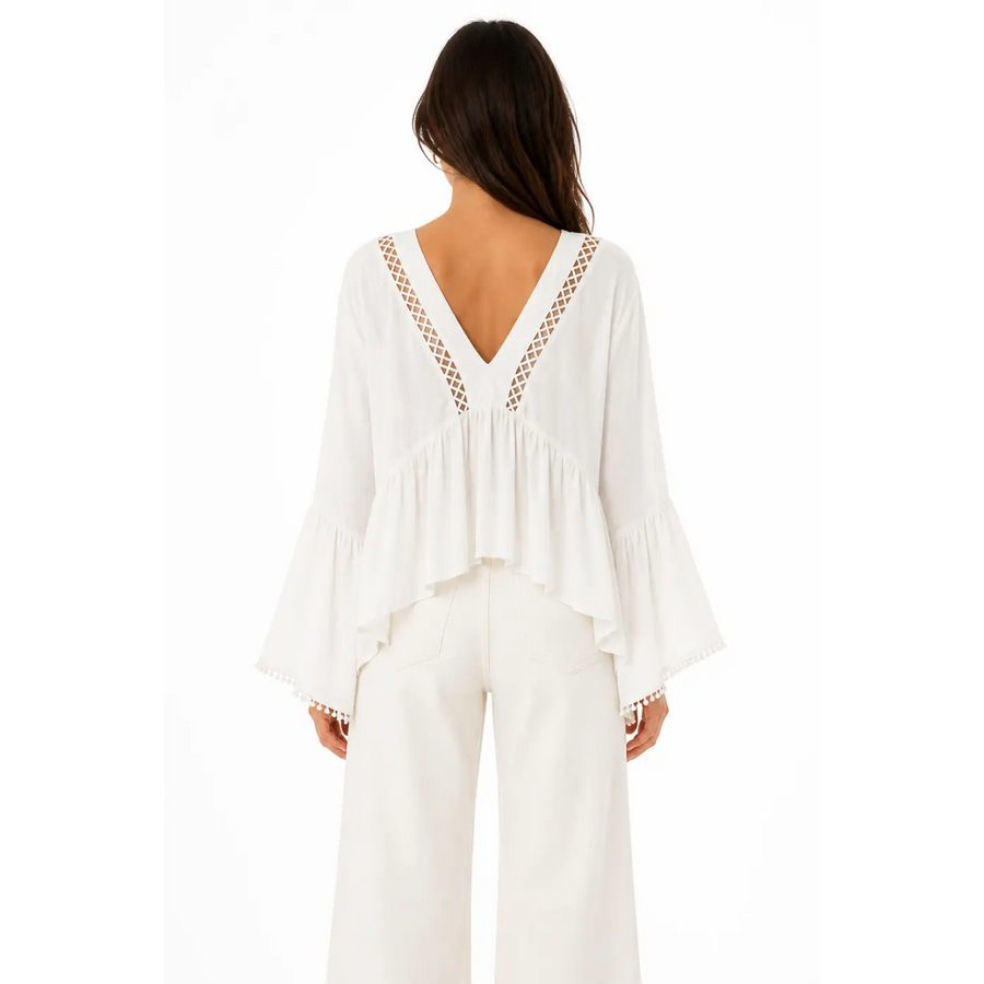 Elegant Boho White Lace Trim Blouse & Wide-Leg Pants Set