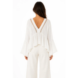Elegant Boho White Lace Trim Blouse & Wide-Leg Pants Set