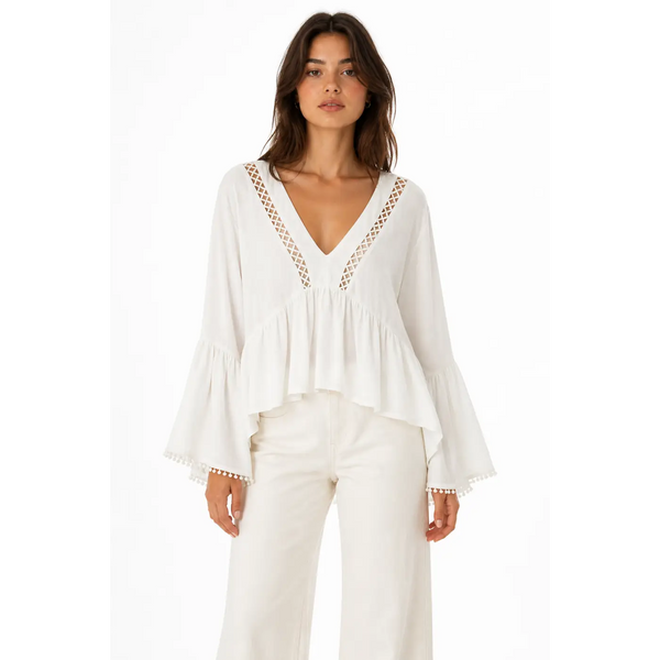 Elegant Boho White Lace Trim Blouse & Wide-Leg Pants Set
