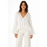Elegant Boho White Lace Trim Blouse & Wide-Leg Pants Set