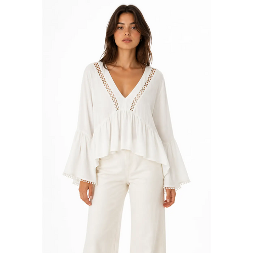 Elegant Boho White Lace Trim Blouse & Wide-Leg Pants Set