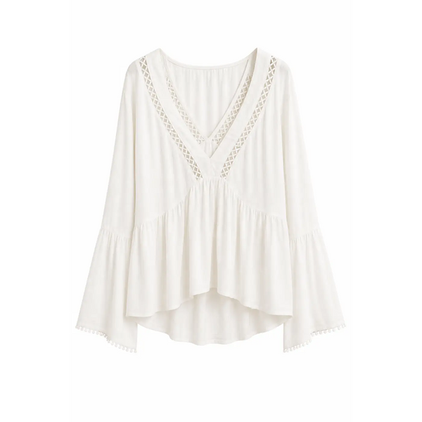Elegant Boho White Lace Trim Blouse & Wide-Leg Pants Set