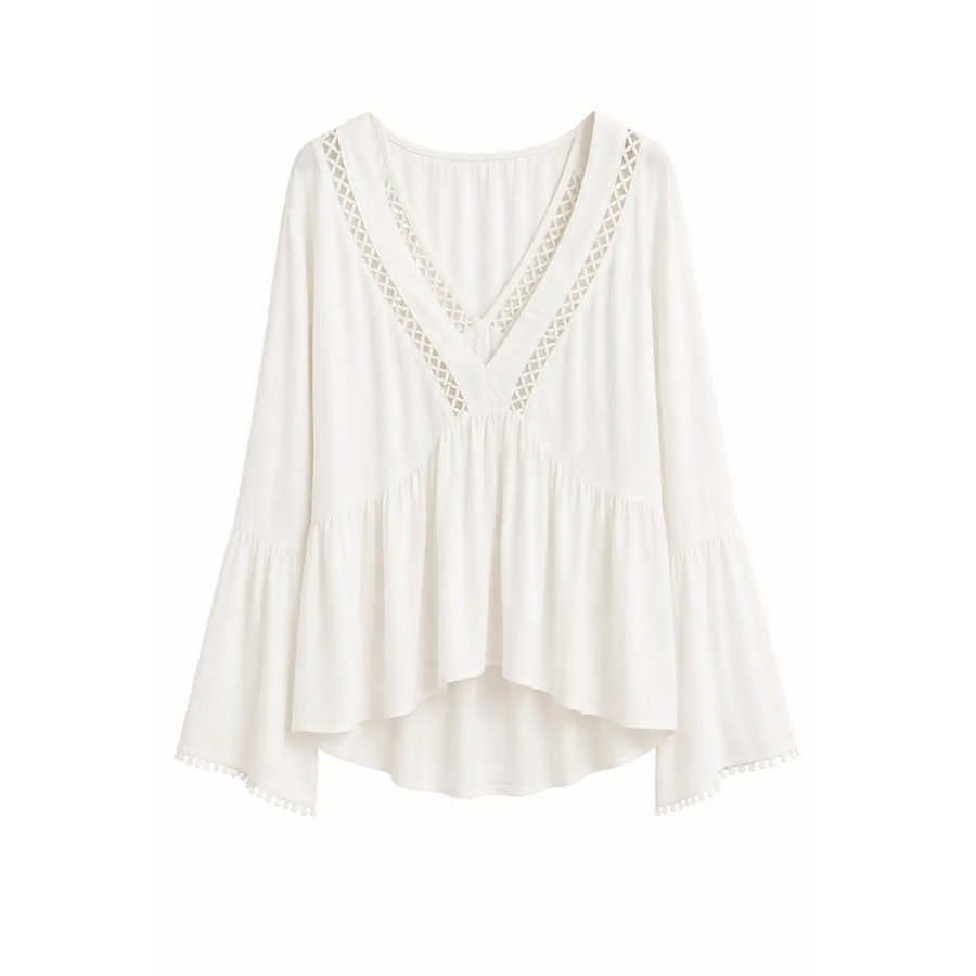 Elegant Boho White Lace Trim Blouse & Wide-Leg Pants Set