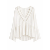 Elegant Boho White Lace Trim Blouse & Wide-Leg Pants Set
