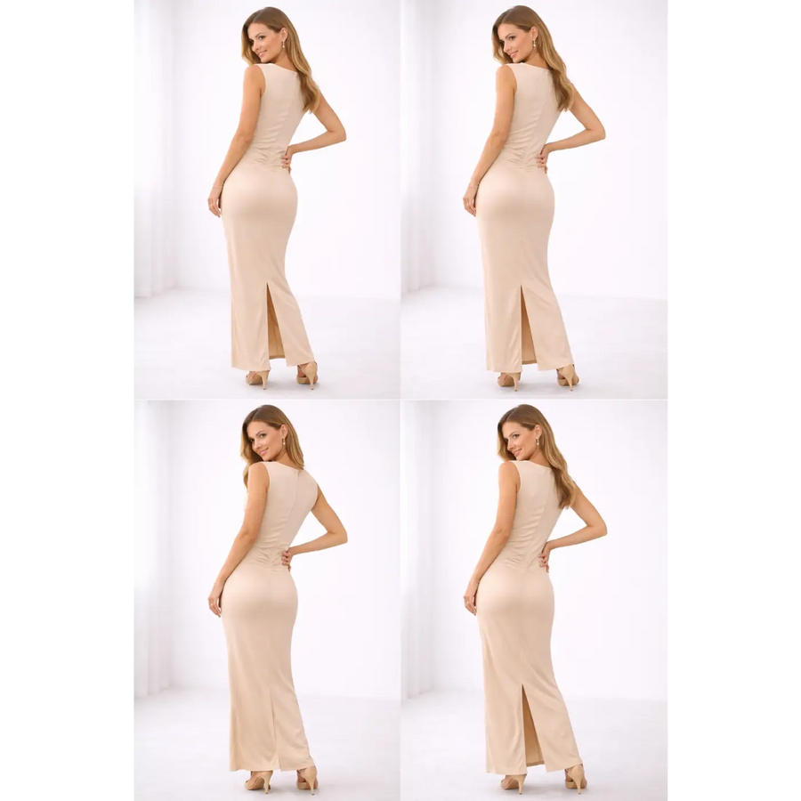 Elegant Champagne Bodycon Maxi Dress – Sleeveless Ruched Slim Fit Gown - Women’s Dress