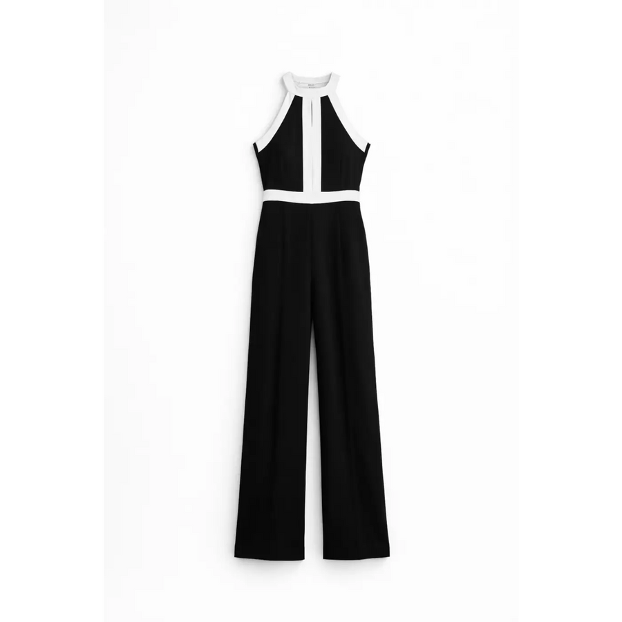 Elegant Contrast Halter Jumpsuit – Black & White Wide Leg One-Piece - Women’s Jumpsuit
