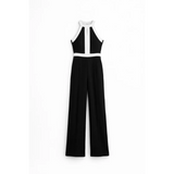 Elegant Contrast Halter Jumpsuit – Black & White Wide Leg One-Piece - Women’s Jumpsuit