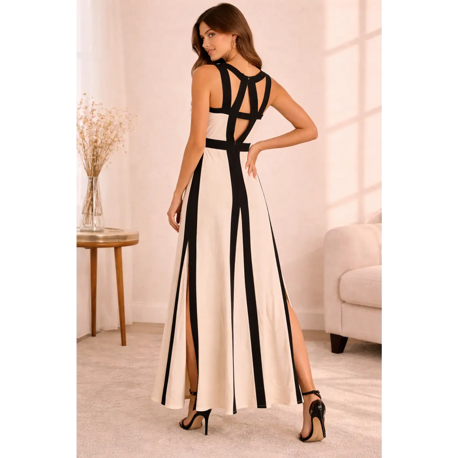 Elegant Contrast Panel Maxi Dress – Sleeveless A-Line Dress with Side Slit - Women’s Dress