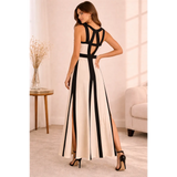 Elegant Contrast Panel Maxi Dress – Sleeveless A-Line Dress with Side Slit - Women’s Dress