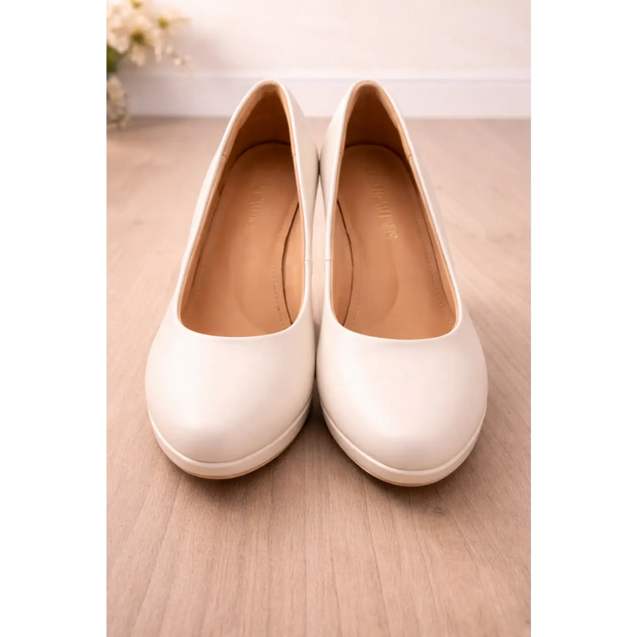 Elegant Ivory Pumps for Women – Comfortable Mid Heel Faux Leather Classic Heels