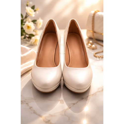 Elegant Ivory Pumps for Women – Comfortable Mid Heel Faux Leather Classic Heels