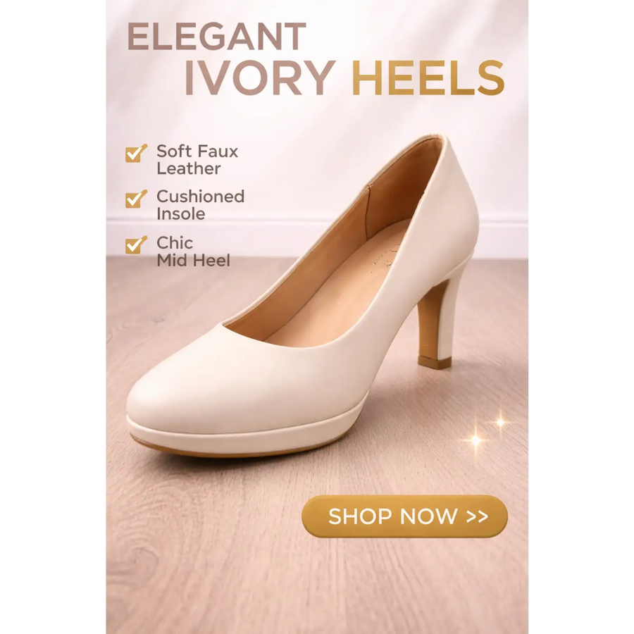 Elegant Ivory Pumps for Women – Comfortable Mid Heel Faux Leather Classic Heels