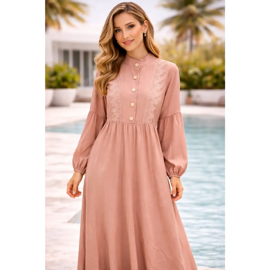 Elegant Lace Detail Maxi Dress – Long Sleeve Flowy Modest Dress - Women’s Dress
