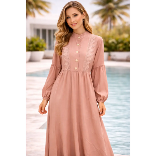 Elegant Lace Detail Maxi Dress – Long Sleeve Flowy Modest Dress - Women’s Dress