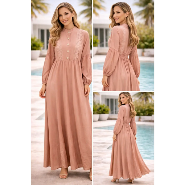 Elegant Lace Detail Maxi Dress – Long Sleeve Flowy Modest Dress - Women’s Dress
