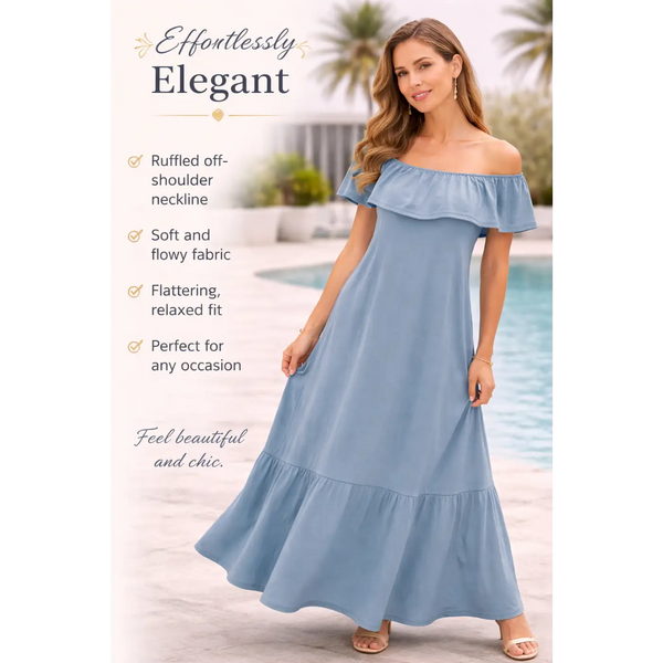 Elegant Off-Shoulder Ruffle Maxi Dress – Soft Blue Flowy Summer Dress - Women’s Dress
