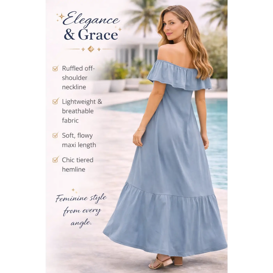 Elegant Off-Shoulder Ruffle Maxi Dress – Soft Blue Flowy Summer Dress - Women’s Dress