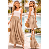Elegant Pleated Maxi Skirt – Flowy High-Waist Satin Look Skirt - Women’s Skirt