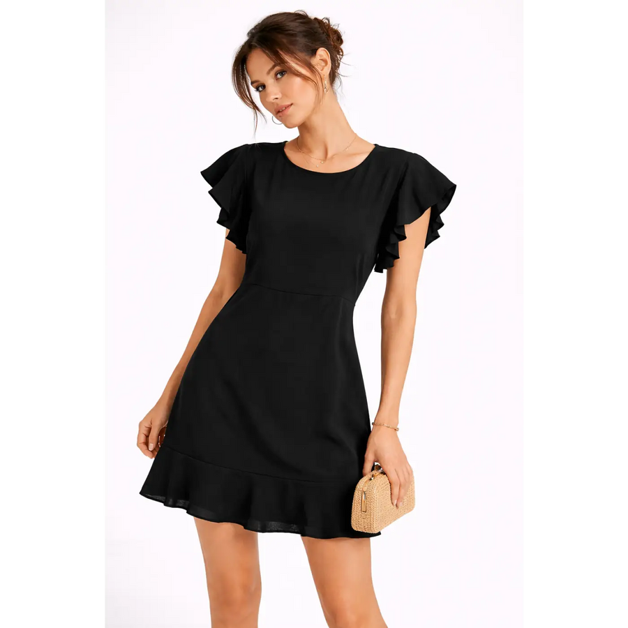Elegant Ruffle Sleeve Mini Dress – Black Flowy Fit & Flare Dress - Women’s Dress