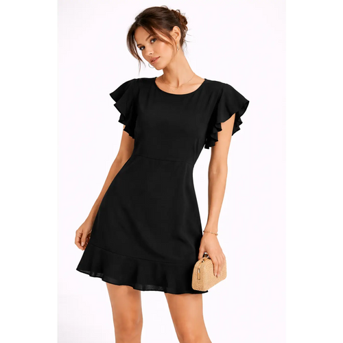 Elegant Ruffle Sleeve Mini Dress – Black Flowy Fit & Flare Dress - Women’s Dress