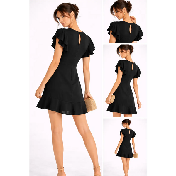 Elegant Ruffle Sleeve Mini Dress – Black Flowy Fit & Flare Dress - Women’s Dress