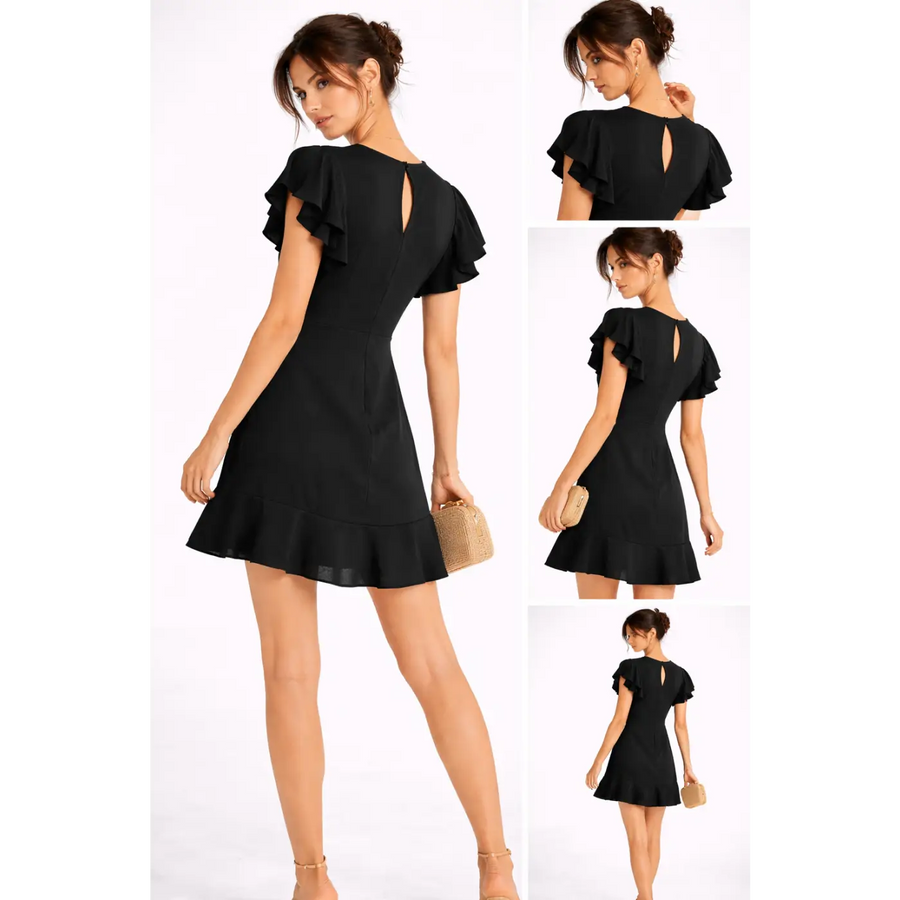 Elegant Ruffle Sleeve Mini Dress – Black Flowy Fit & Flare Dress - Women’s Dress