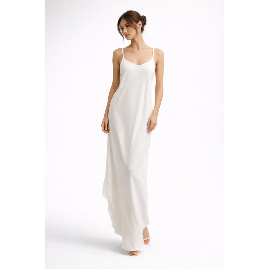 Elegant White Slip Maxi Dress – Minimalist Backless Satin Gown - Women’s Dress