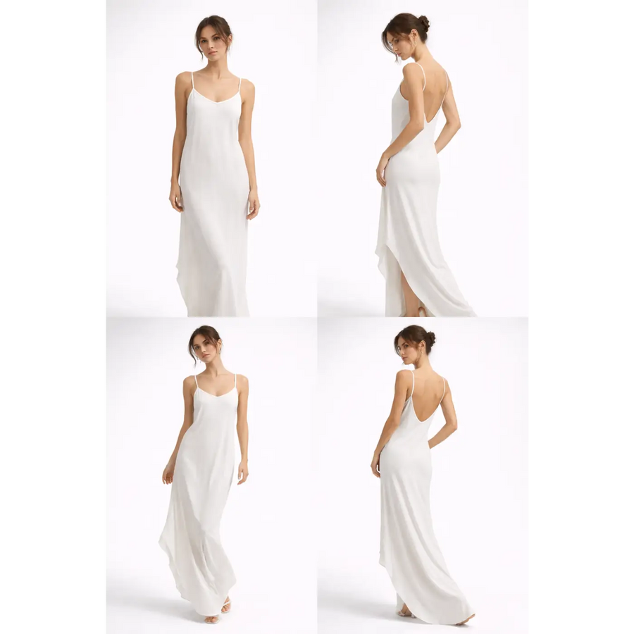 Elegant White Slip Maxi Dress – Minimalist Backless Satin Gown - Women’s Dress