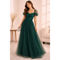 Emerald Tulle Evening Gown – Elegant Sweetheart Maxi Dress with Sheer Sleeves - Women’s Dress