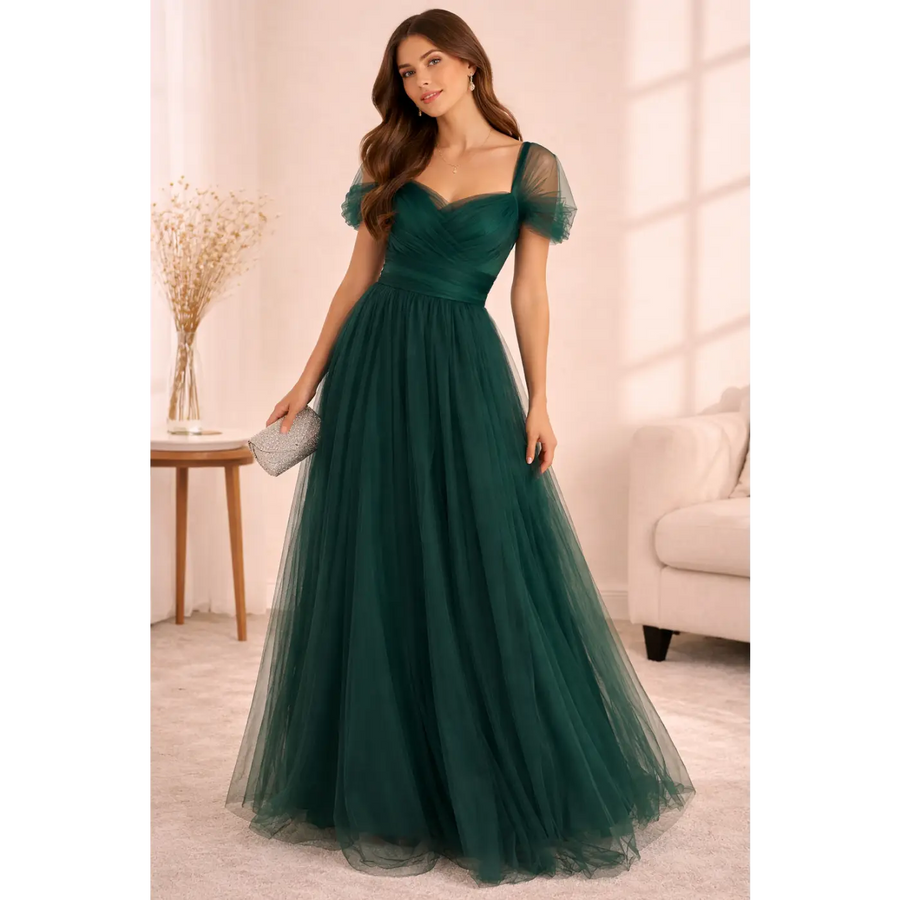 Emerald Tulle Evening Gown – Elegant Sweetheart Maxi Dress with Sheer Sleeves - Women’s Dress