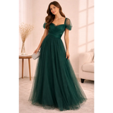 Emerald Tulle Evening Gown – Elegant Sweetheart Maxi Dress with Sheer Sleeves - Women’s Dress