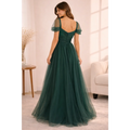 Emerald Tulle Evening Gown – Elegant Sweetheart Maxi Dress with Sheer Sleeves - Women’s Dress