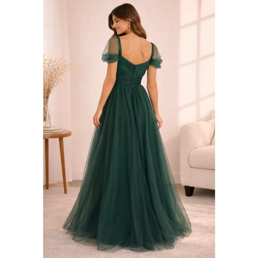 Emerald Tulle Evening Gown – Elegant Sweetheart Maxi Dress with Sheer Sleeves - Women’s Dress