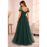 Emerald Tulle Evening Gown – Elegant Sweetheart Maxi Dress with Sheer Sleeves - Women’s Dress