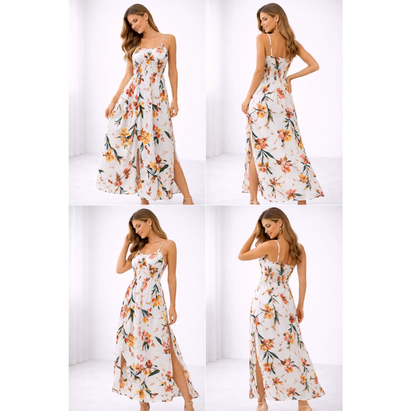 Floral Summer Maxi Dress – Spaghetti Strap Side Slit Flowing Dress - Women’s Dress