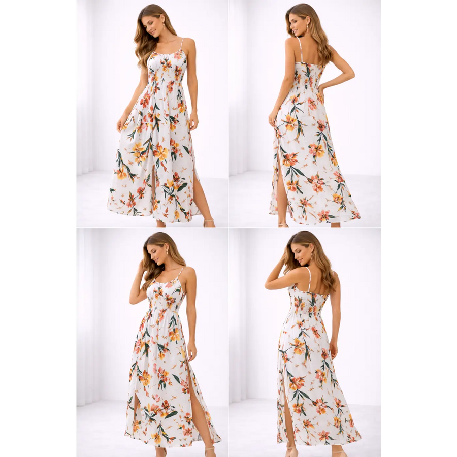 Floral Summer Maxi Dress – Spaghetti Strap Side Slit Flowing Dress - Women’s Dress