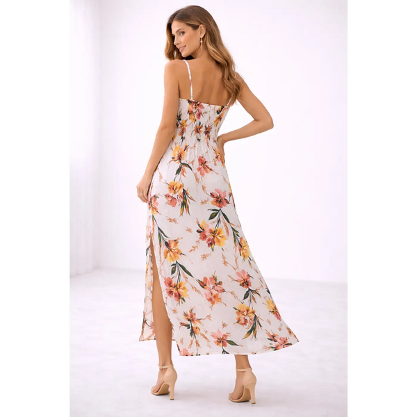Floral Summer Maxi Dress – Spaghetti Strap Side Slit Flowing Dress - Women’s Dress