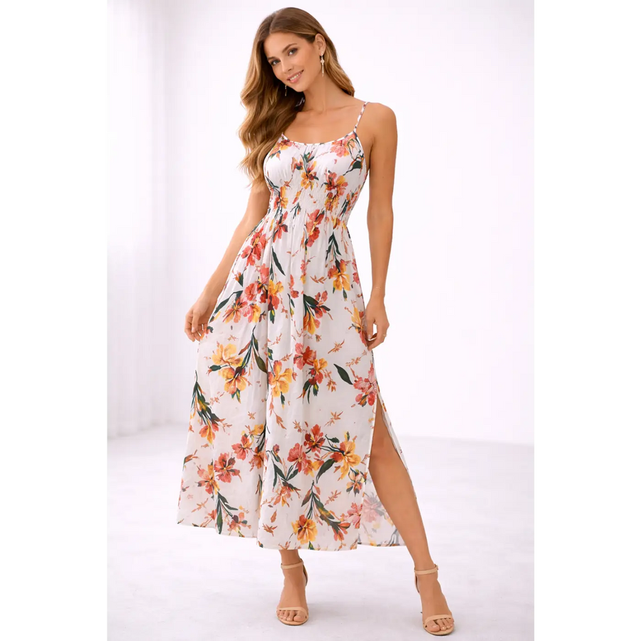 Floral Summer Maxi Dress – Spaghetti Strap Side Slit Flowing Dress - Women’s Dress
