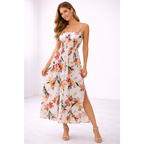 Floral Summer Maxi Dress – Spaghetti Strap Side Slit Flowing Dress - Women’s Dress