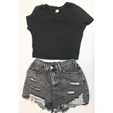Grey Acid Wash Ripped Denim Shorts & Black Mock