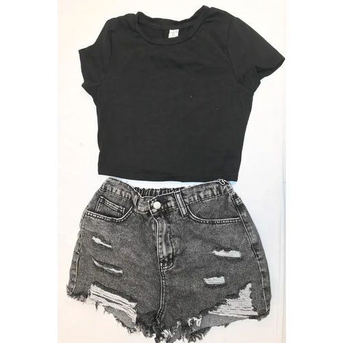 Grey Acid Wash Ripped Denim Shorts & Black Mock