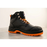 Black himalayan men’s steel toe safety work boots with bright orange laces sole and pull tab