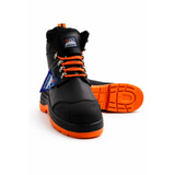 Black himalayan men’s steel toe safety work boot with bright orange laces sole and heel tab for durable protection