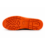 Bright orange rubber sole with textured tread on himalayan men’s steel toe safety work boots for enhanced grip